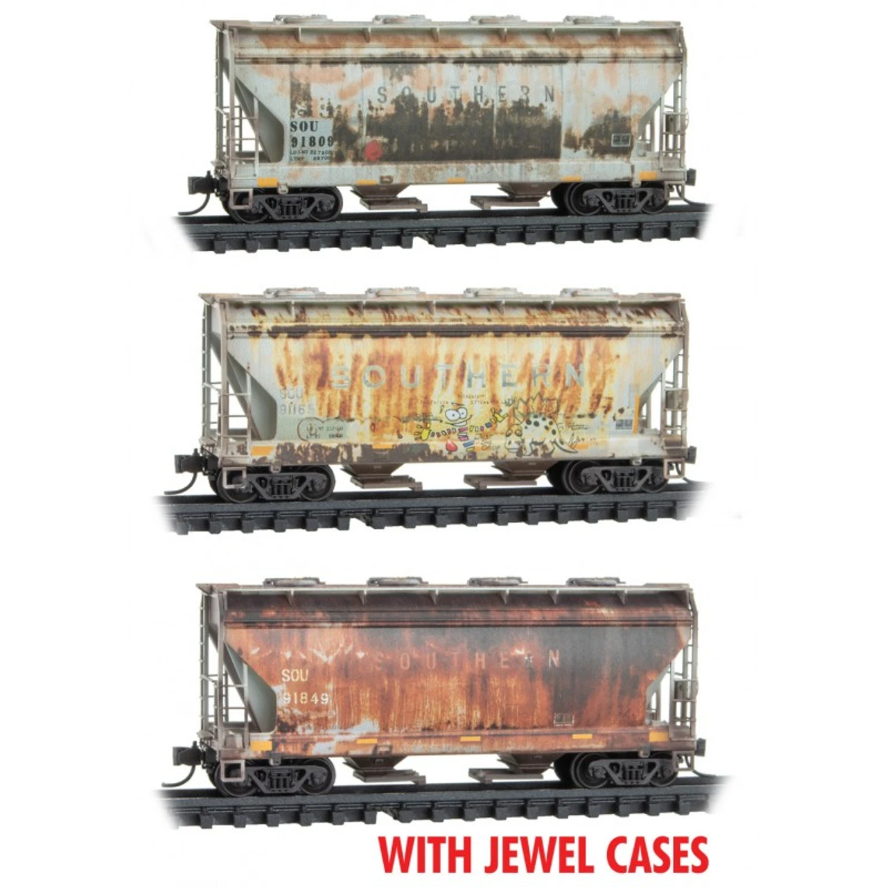 Micro-Trains Line 98305037 - 2-Bay Covered Hopper WEATHERED JEWEL 3pk Southern (SOU) 91809, 91165, 91850 - N Scale