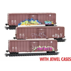 Micro-Trains Line 98305048 - Burlington Northern Santa Fe 50' Plug Door Box Car 3-pack (Weathered, Jewel Cases) BNSF 714028, 714235, 714243 - N Scale