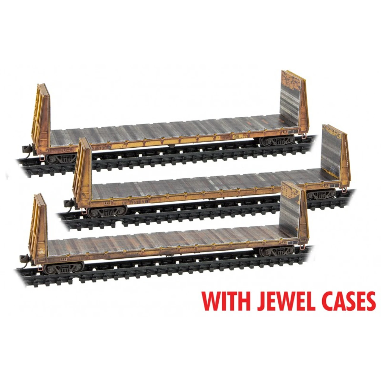 Micro-Trains Line 98305049 - 61' Bulkhead Flatcar WEATHERED JEWEL 3-PACK Union Pacific (UP) 215700, 215708, 215725 - N Scale