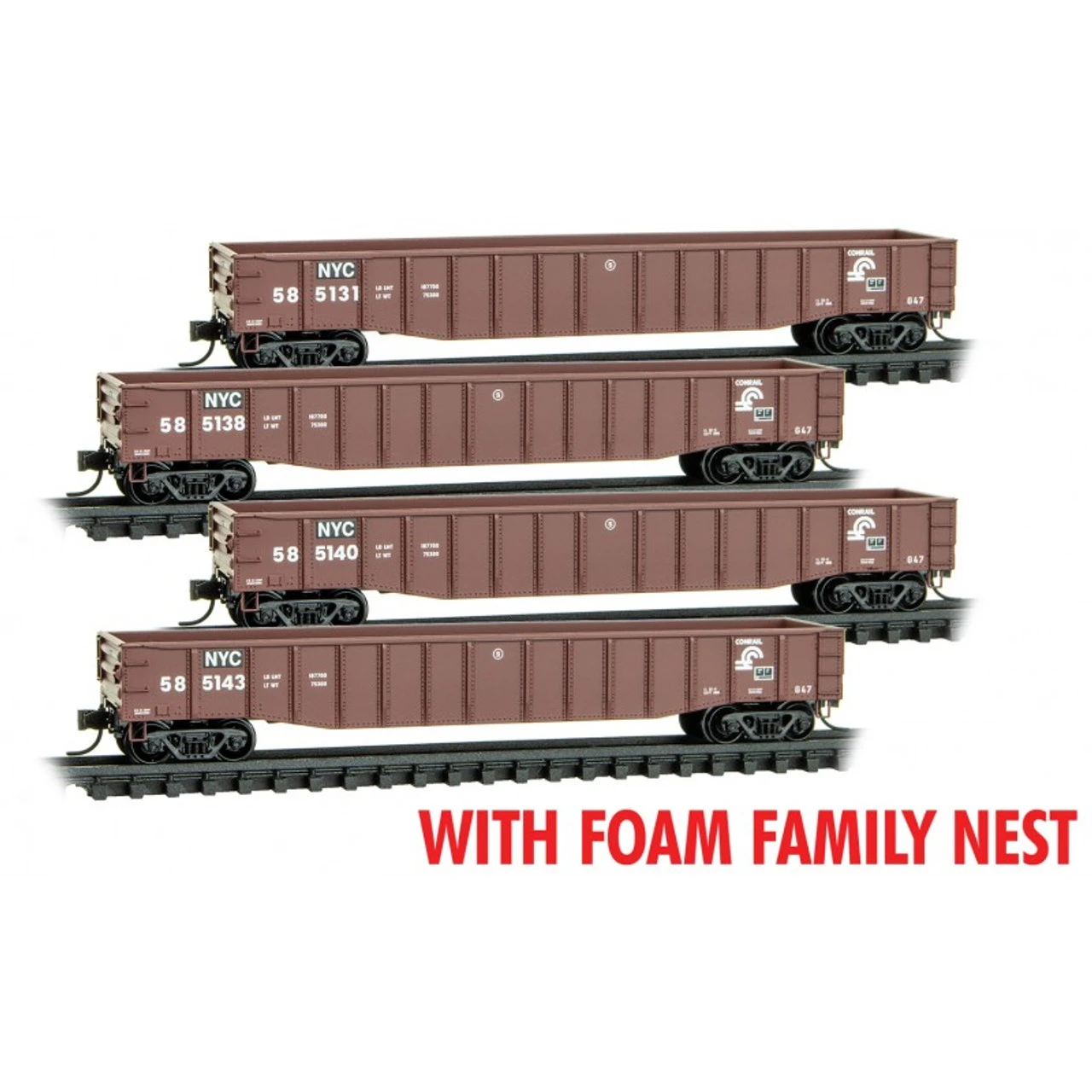Micro-Trains Line 99300200 - 50' Steel Side Gondola FOAM 4pk New York Central (NYC) 585131, 585138, 585140, 585143 - N Scale