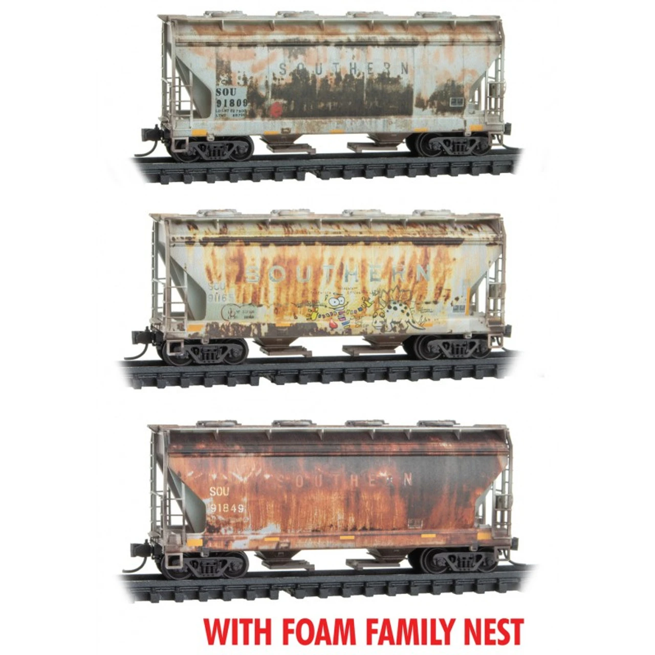 Micro-Trains Line 99305037 - 2-Bay Covered Hopper WEATHERED FOAM 3pk Southern (SOU) 91809, 91165, 91849 - N Scale